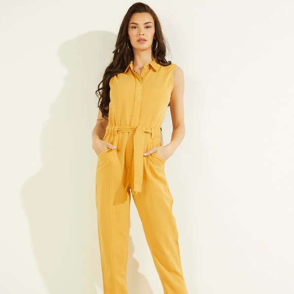 New GUESS ECO Women's Sleeveless Shiloh Jumpsuit, Gold Flake, Small